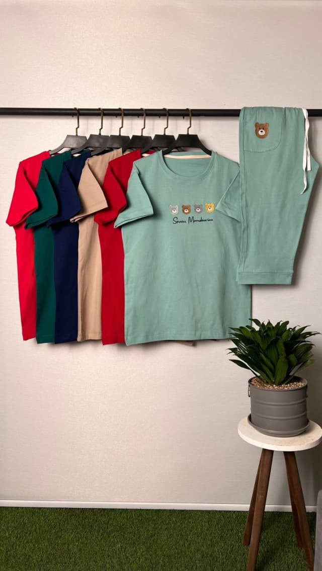 ست تیشرت شلوارک نخ پنبه خرس تدی گلدوزی شده با کالکشن رنگ 