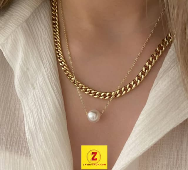 گردنبند دولاینه کارتیر و مروارید زنانه طلایی