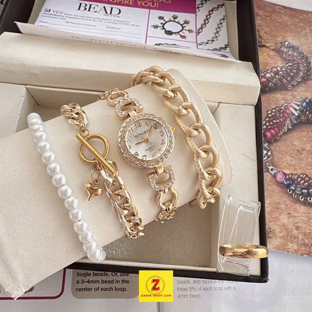 ست ساعت نگینی زنانه و سه دستنبند و انگشتر